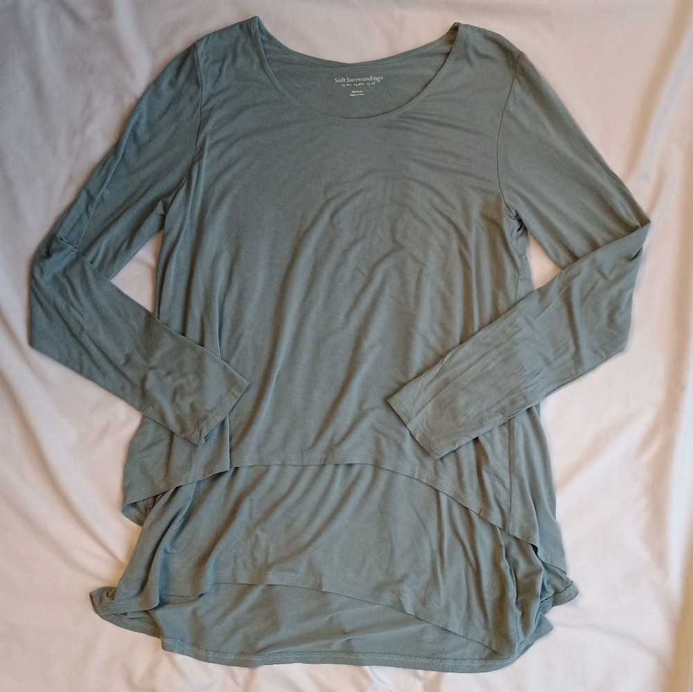 Soft Surroundings Layered Long Sleeve Top Women's M Split Back Flowy Light Blue
